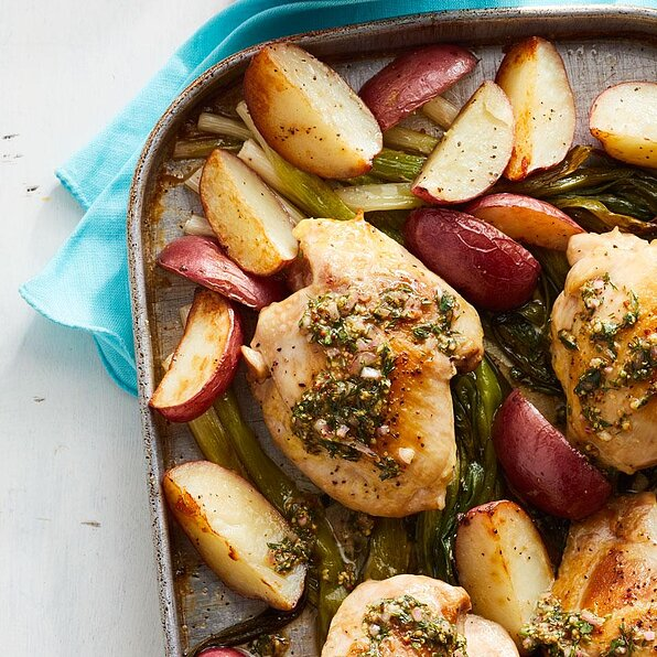 ROASTED CHICKEN THIGHS, POTATOES & SCALLIONS WITH HERB VINAIGRETTE