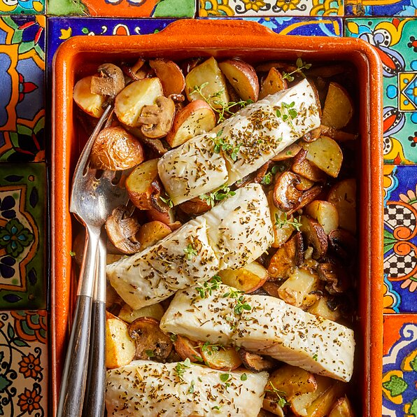 PROVENÇAL BAKED FISH WITH ROASTED POTATOES & MUSHROOMS