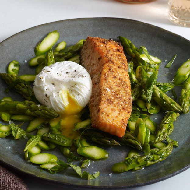 CORIANDER-&-LEMON-CRUSTED SALMON WITH ASPARAGUS SALAD & POACHED EGG