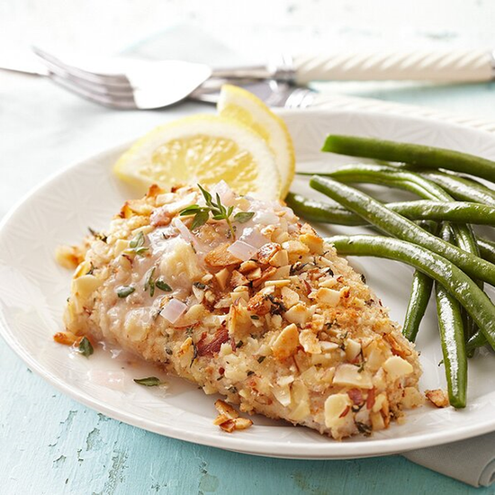 ALMOND-THYME-CRUSTED MAHI MAHI WITH LEMON CHARDONNAY SAUCE