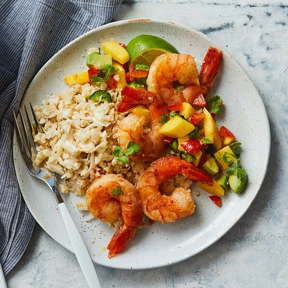 SAUTÉED SHRIMP WITH MANGO SALSA & COCONUT CAULIFLOWER RICE