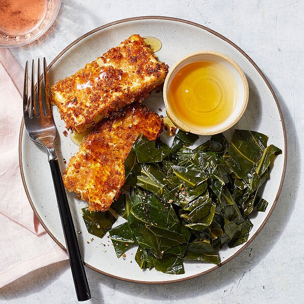 BUTTERMILK FRIED TOFU WITH SMOKY COLLARD GREENS