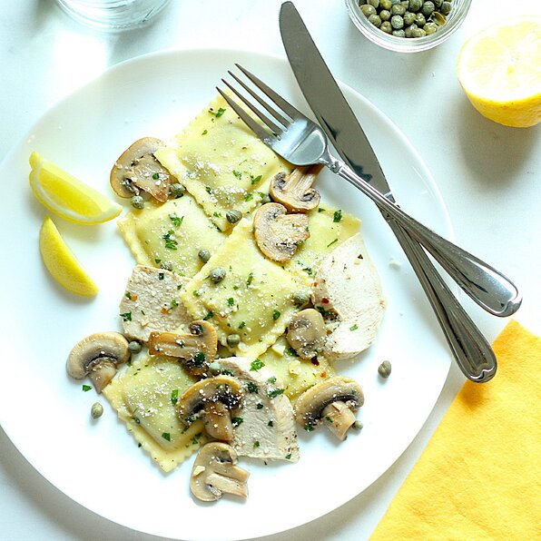 MUSHROOM RAVIOLI & CHICKEN PICCATA