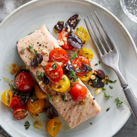 ROASTED SALMON & TOMATOES WITH GARLIC & OLIVES