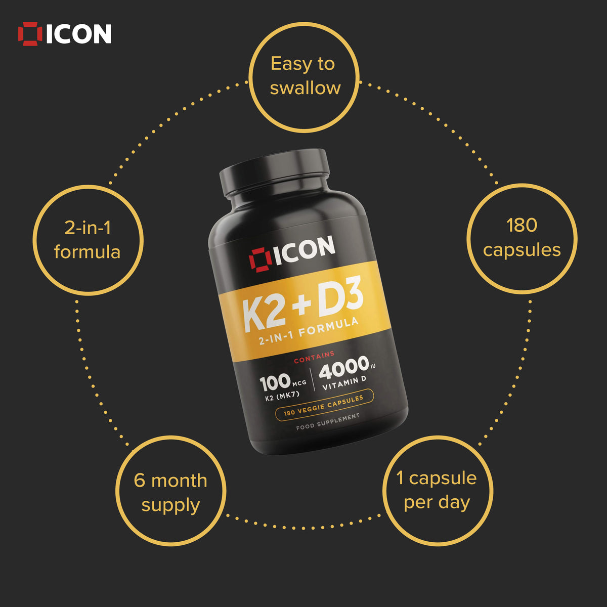 Vitamin K2 D3 Supplement Capsules | Tablets by ICON Nutrition