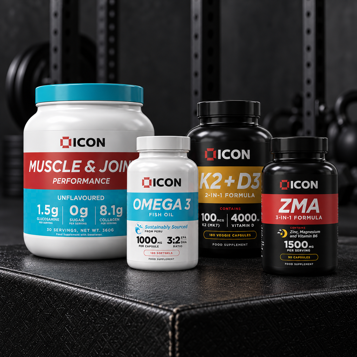 ICON Muscle and Joint, Omega 3, Vitamin K2 D3 and ZMA supplements