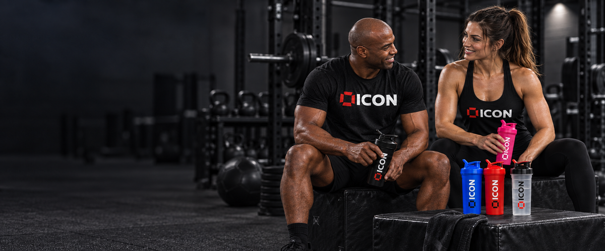 Athletes wearing ICON gym clothing with ICON protein shakers