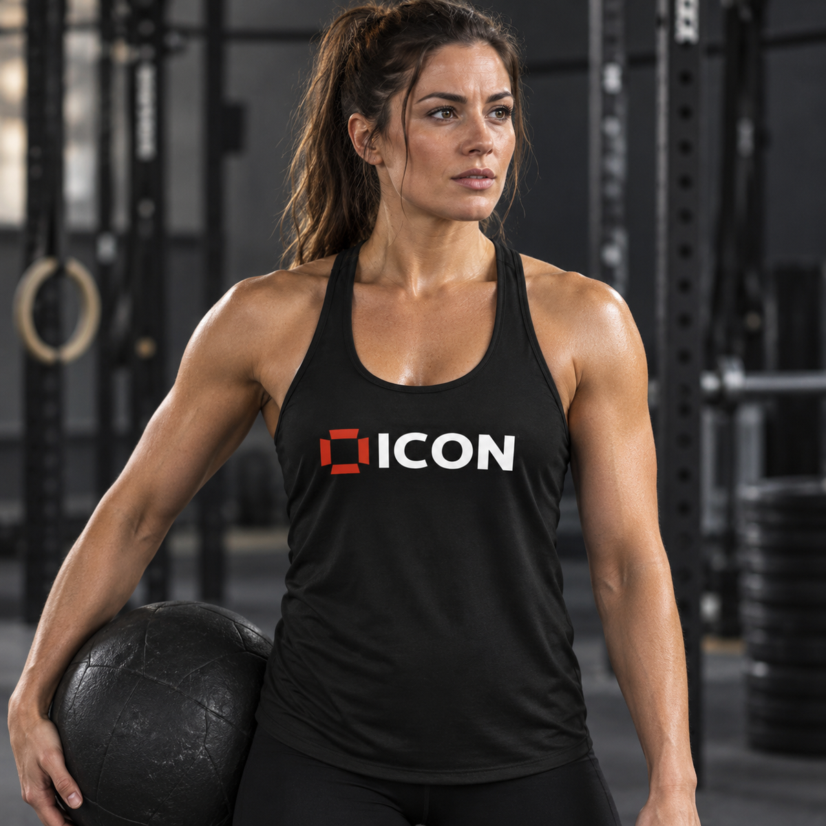 Female athlete wearing a black ICON performance vest