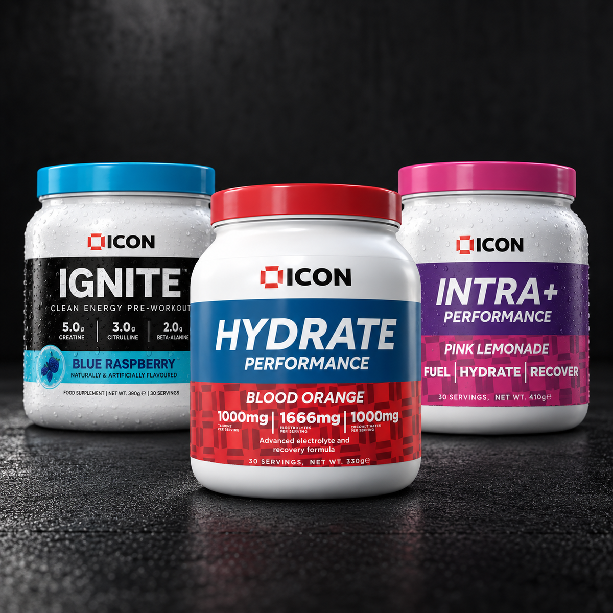 ICON Ignite, Hydrate and INTRA+ performance supplements