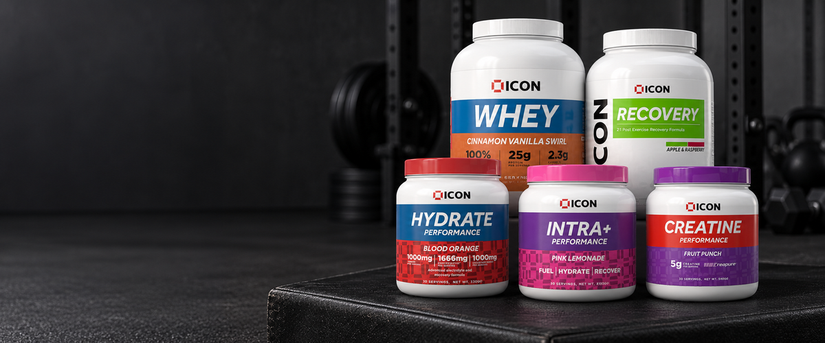 ICON Whey, Recovery, Hydrate, INTRA+ and Creatine powder supplements