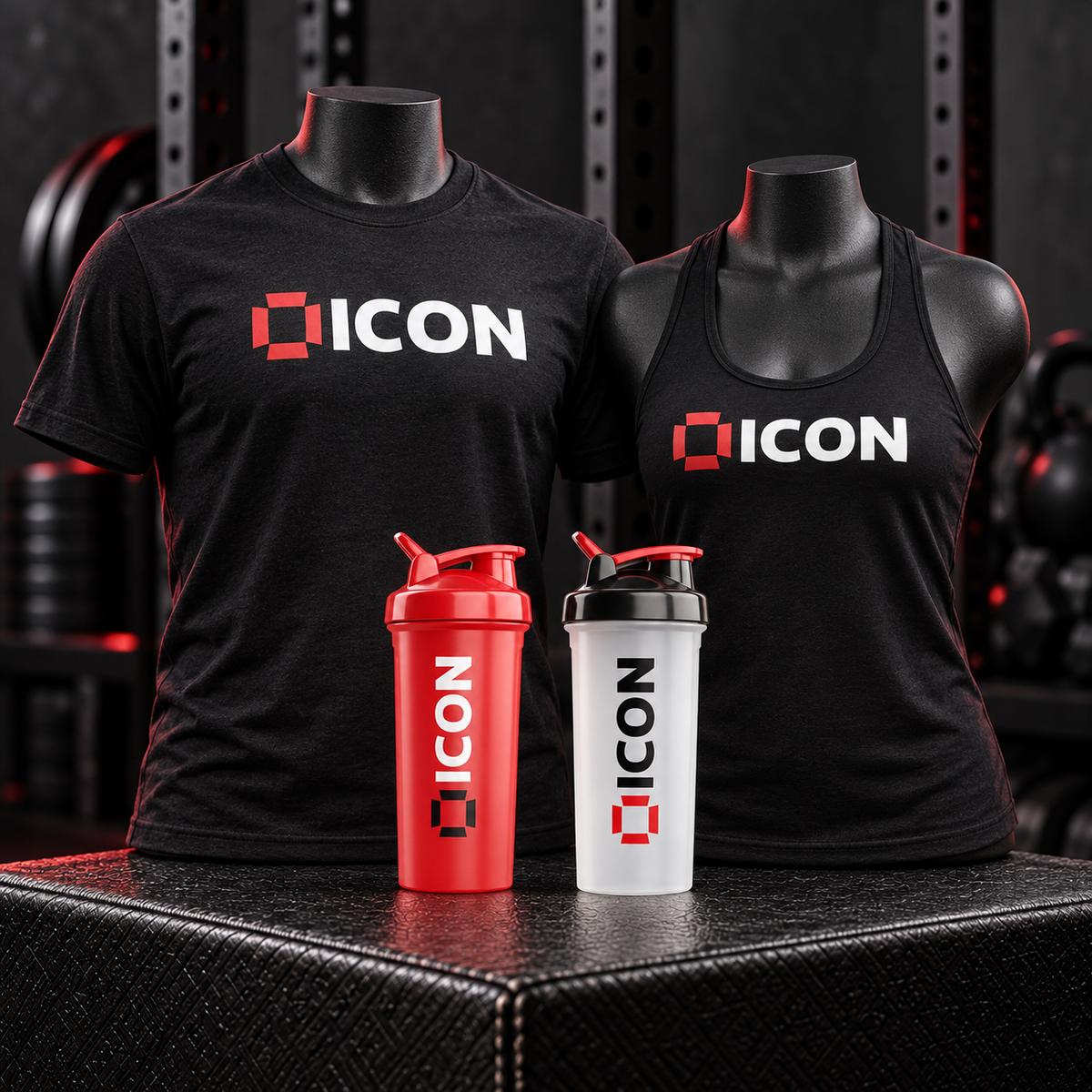 Black ICON T-shirt, performance vest and protein shakers