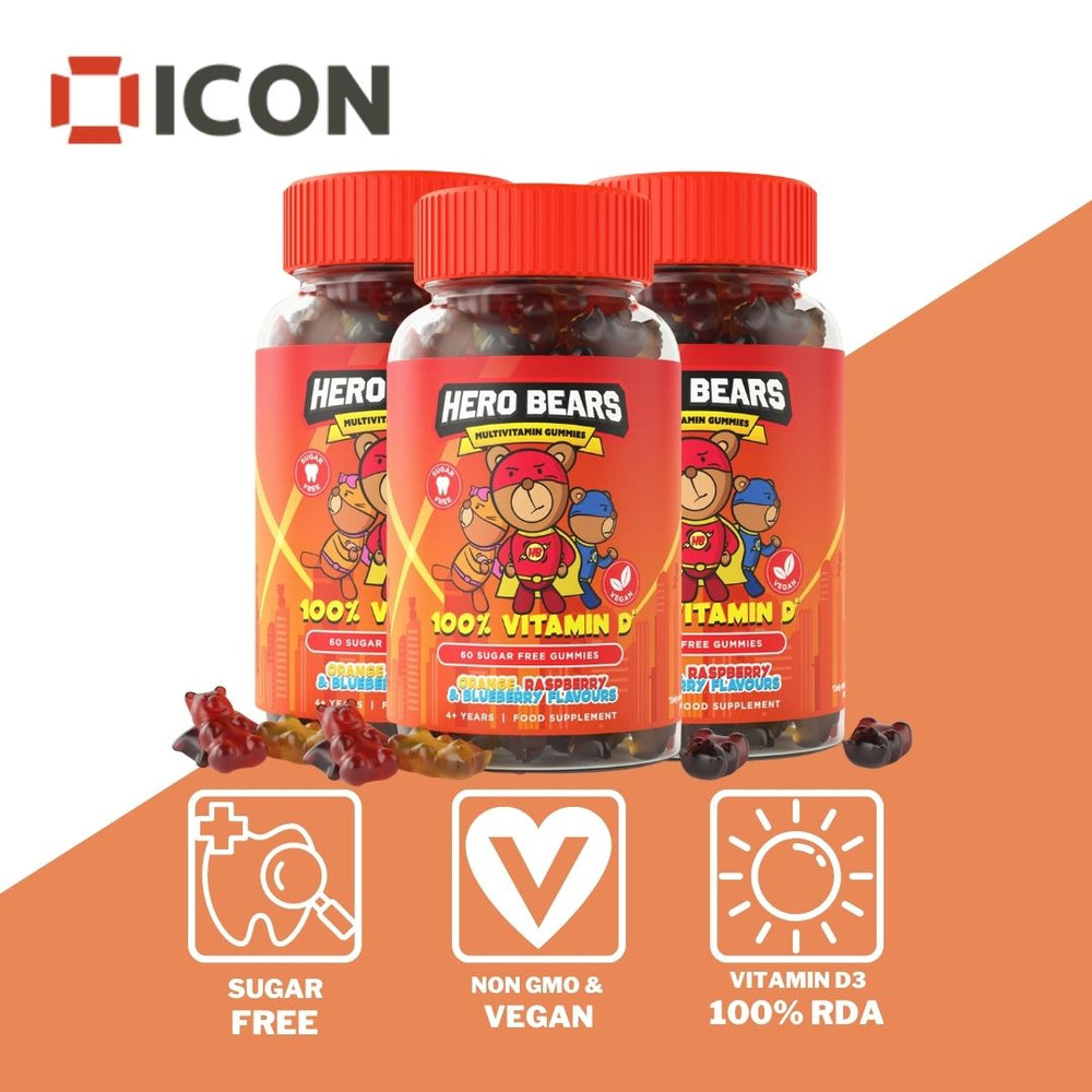 
                  
                    Sugar Free Multivitamins For Kids - Hero Bears in Orange, Raspberry and Blueberry Flavours - ICON Nutrition
                  
                
