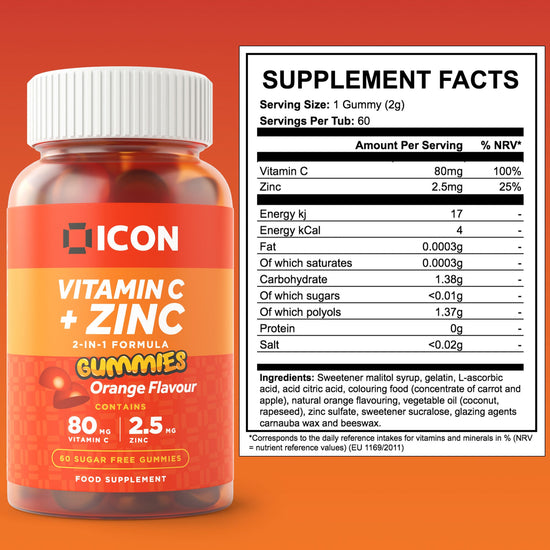 Chewable Vitamin C And Zinc Gummies | Sugar Free | Orange Flavour - 60 Gummies (2 Month Supply) - ICON Nutrition