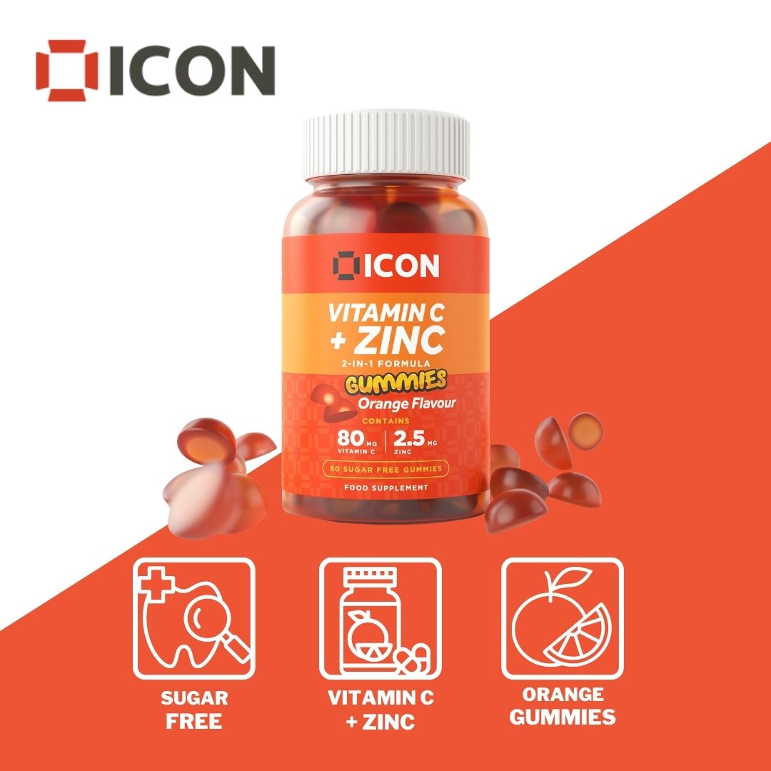 Chewable Vitamin C And Zinc Gummies | Sugar Free | Orange Flavour - 60 Gummies (2 Month Supply) - ICON Nutrition