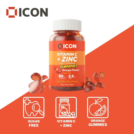 Chewable Vitamin C And Zinc Gummies | Sugar Free | Orange Flavour - 60 Gummies (2 Month Supply) - ICON Nutrition