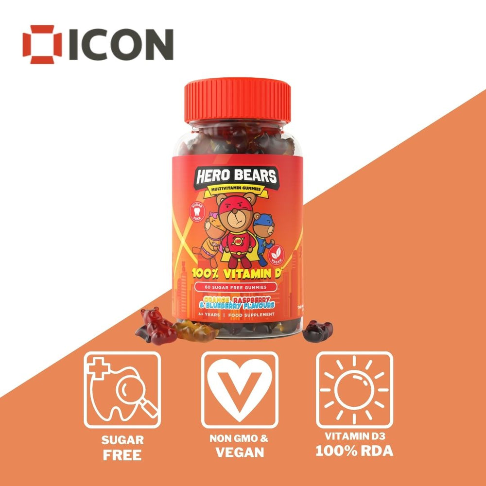 
                  
                    Sugar Free Multivitamins For Kids - Hero Bears in Orange, Raspberry and Blueberry Flavours - ICON Nutrition
                  
                